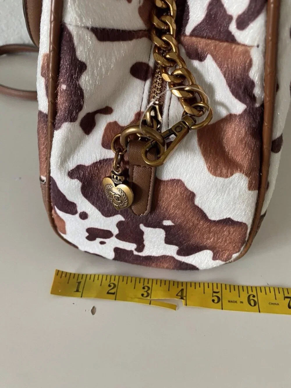 Juicy Couture Romance Cow Print Satchel In‎ Saddle Brown W/Charm Viral NEW